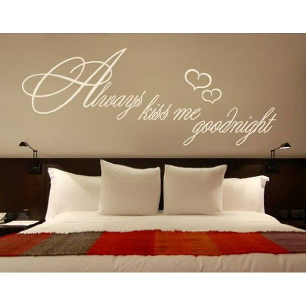White Always Kiss Me Goodnight Hearts Wall Decal Decor Love Words Sticker Art Mural 